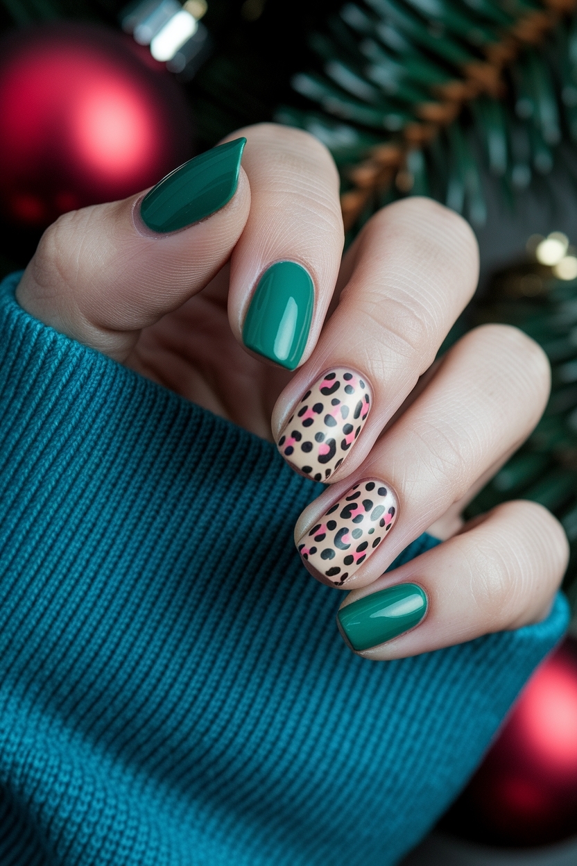 Festive Christmas Nails with Trendy Cheetah Print
