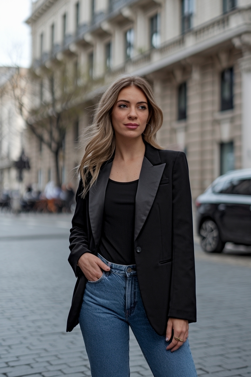 Elegant Black Blazer and Jeans Outfit Women Should Try outfit idea