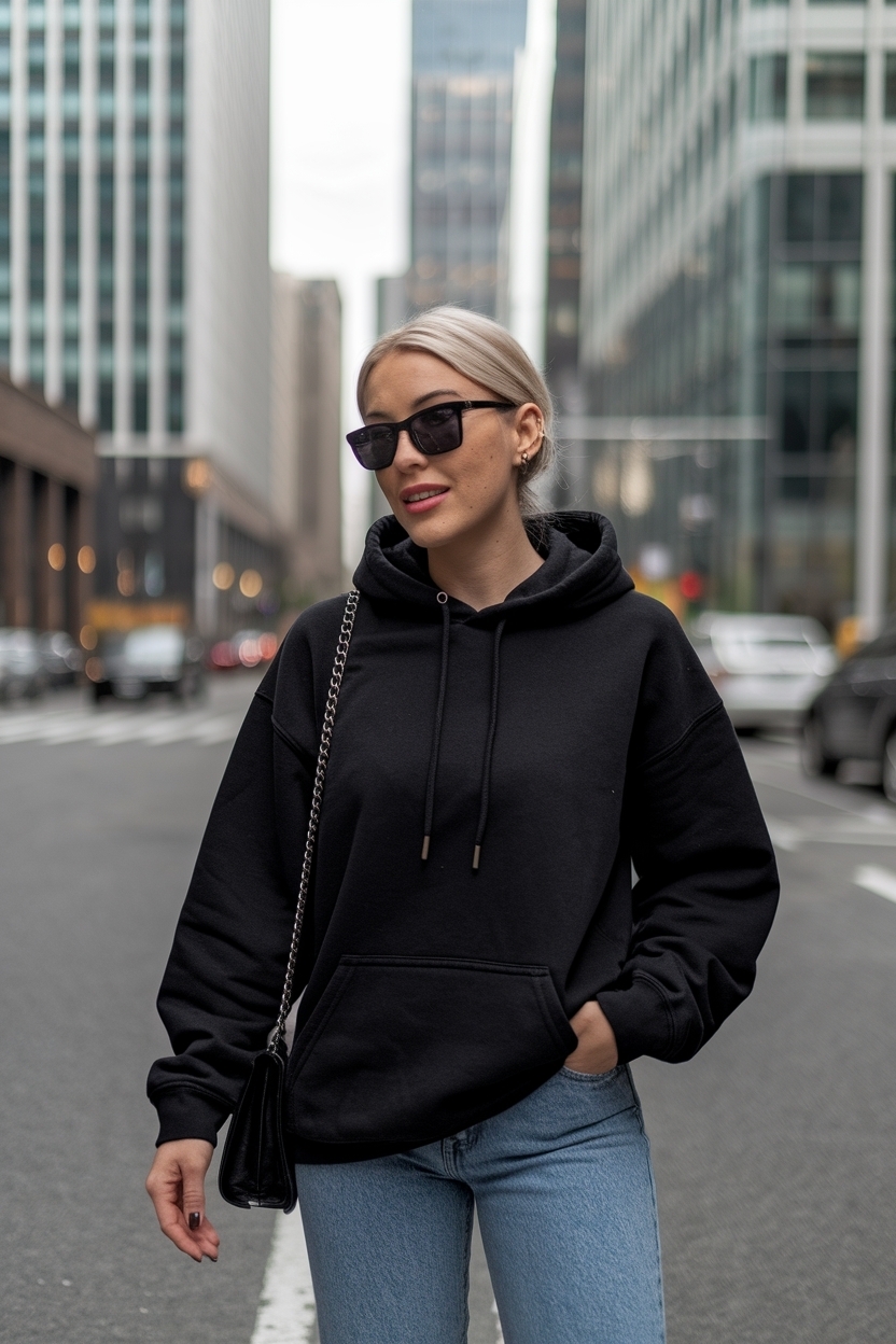 Cozy Black Hoodie and Jeans Outfit for Fall outfit idea