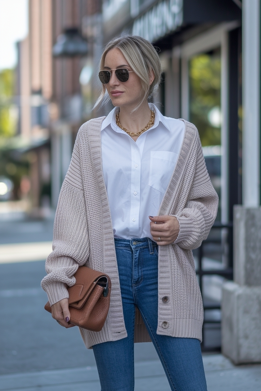 Button Up Shirt Outfit Women with Cardigan Layers outfit idea