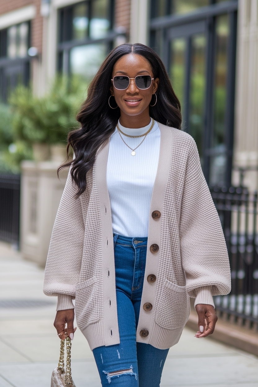 Chic Cardigan and Jeans Outfit Black Women Trend outfit idea