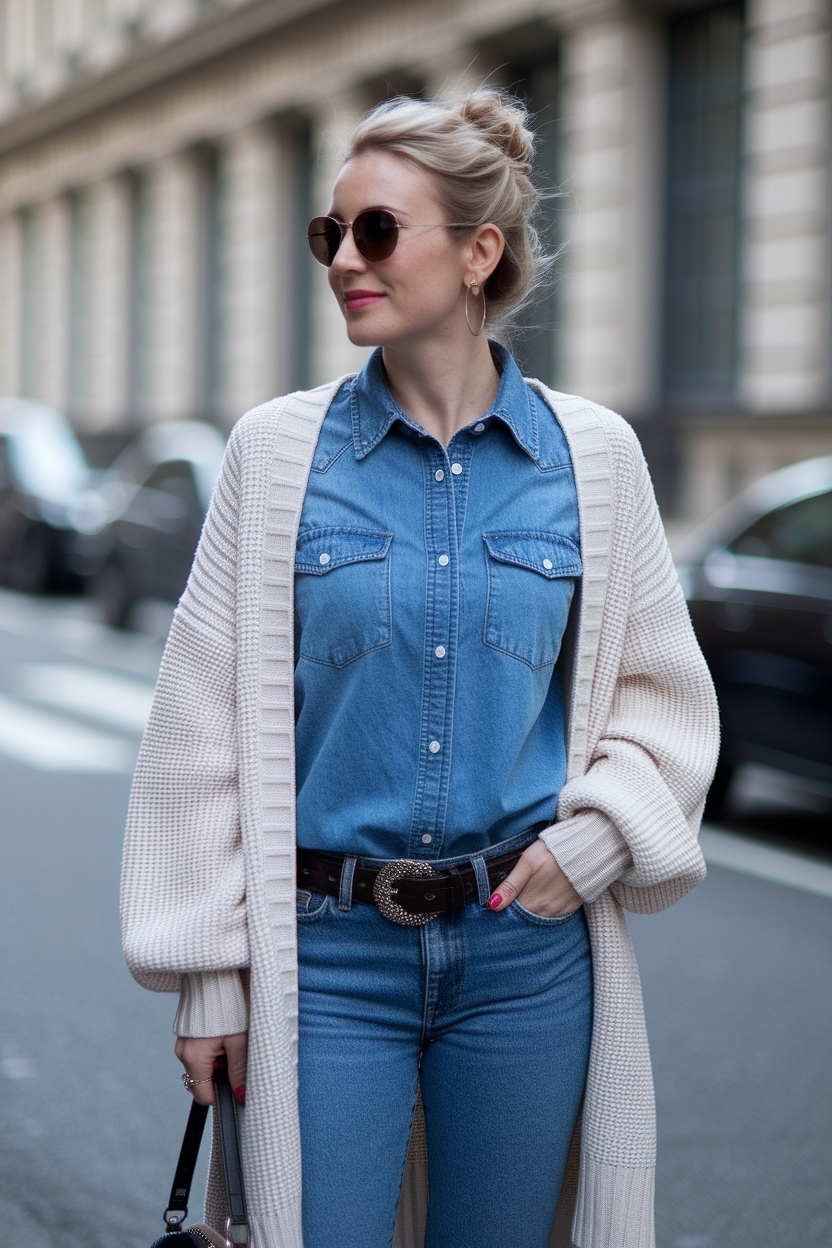 Denim Shirt with Cardigan Outfit Women for Layered Looks outfit idea