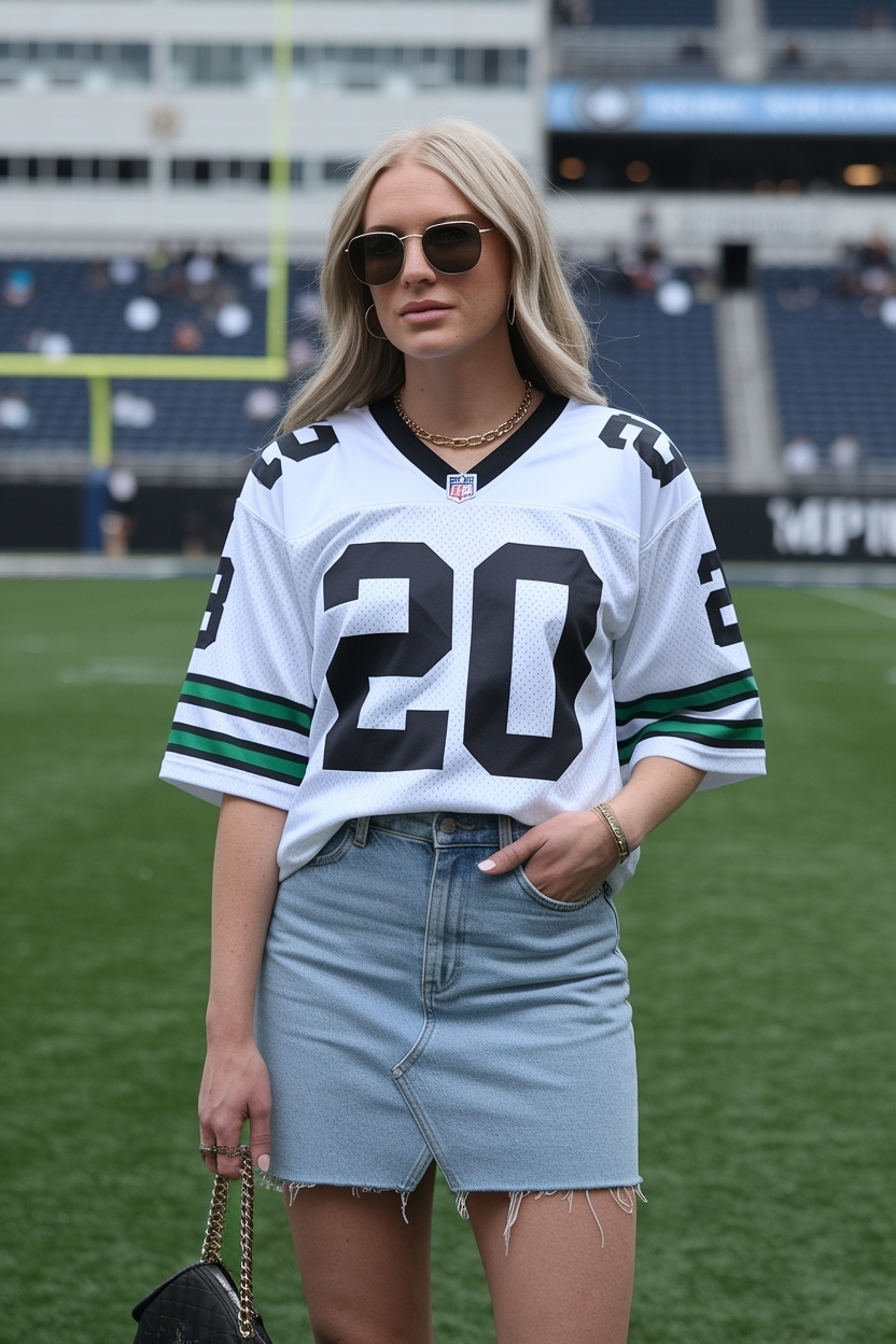Football Jersey Outfit Women Denim Skirt: Chic Combo outfit idea