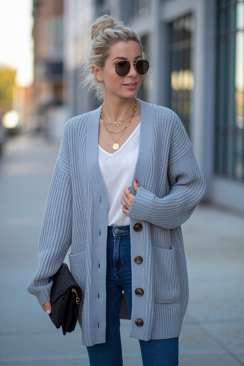 Stylish Gray Button Up Cardigan Outfit Women outfit idea