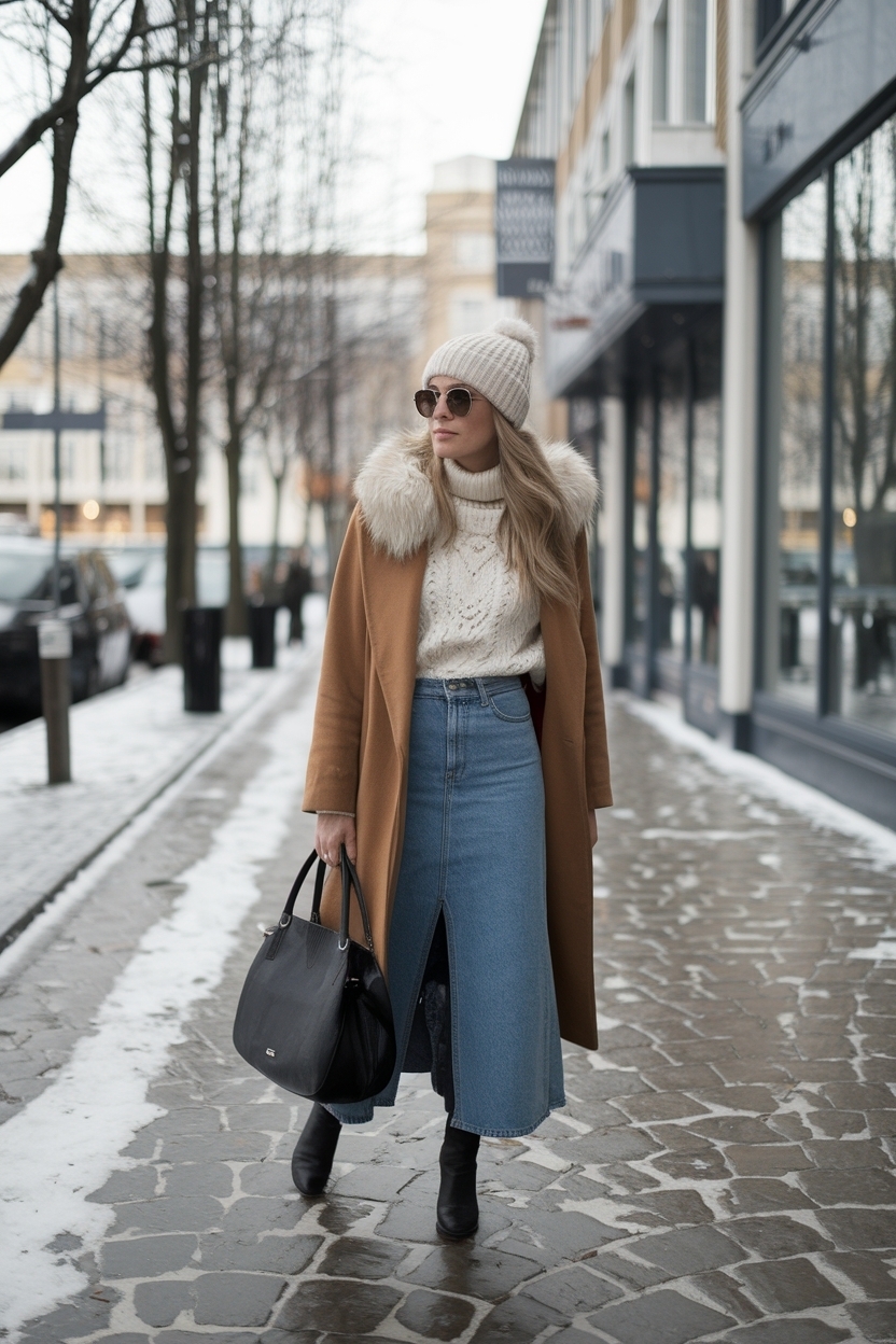 Long Denim Skirt Winter Outfit: Dressy or Casual Choices outfit idea