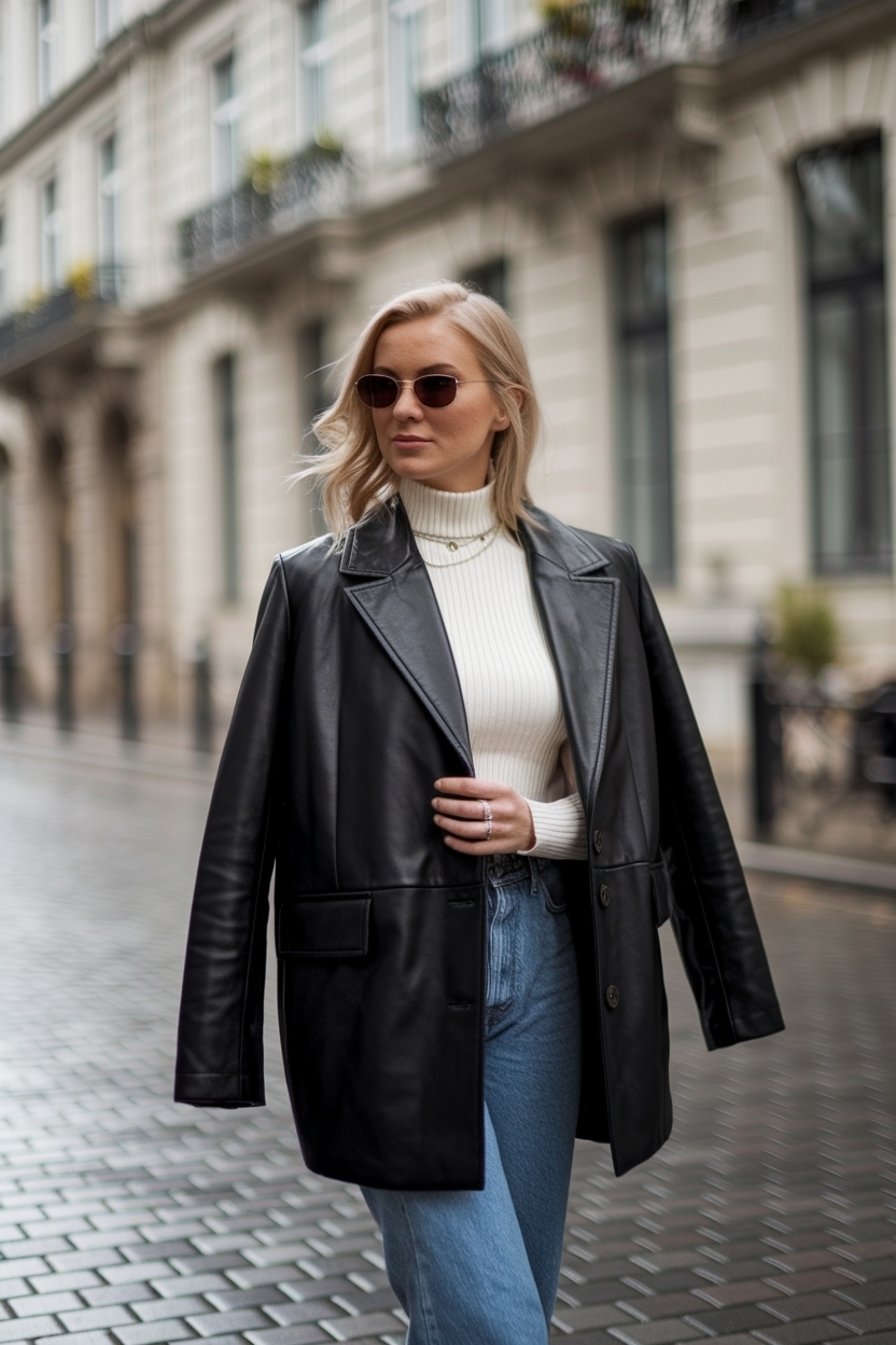Oversize Black Leather Jacket Outfit Wom: Fashion Forward outfit idea