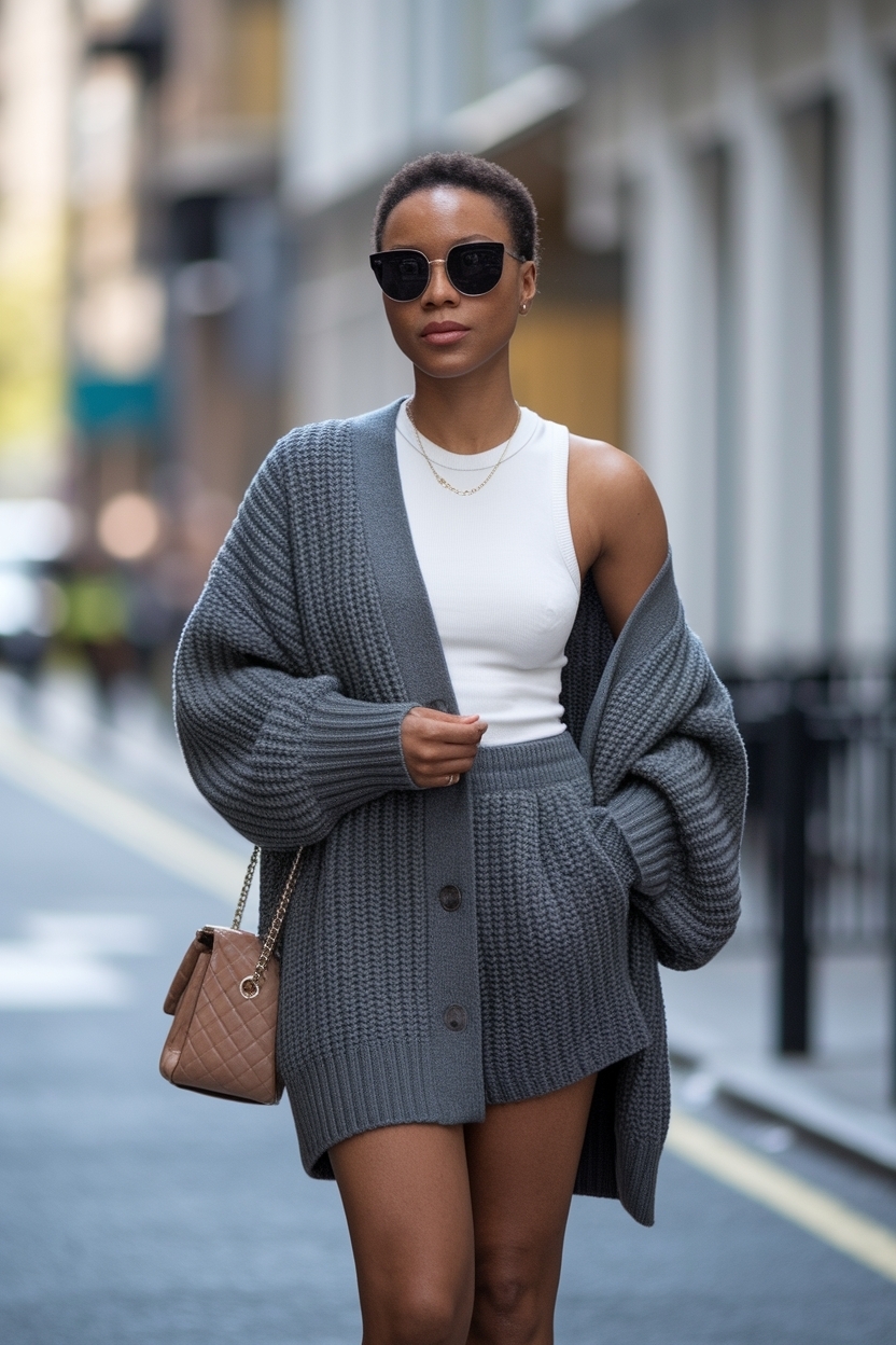 Oversized Cardigan and Shorts Outfit Black Women: Cozy Vibes outfit idea