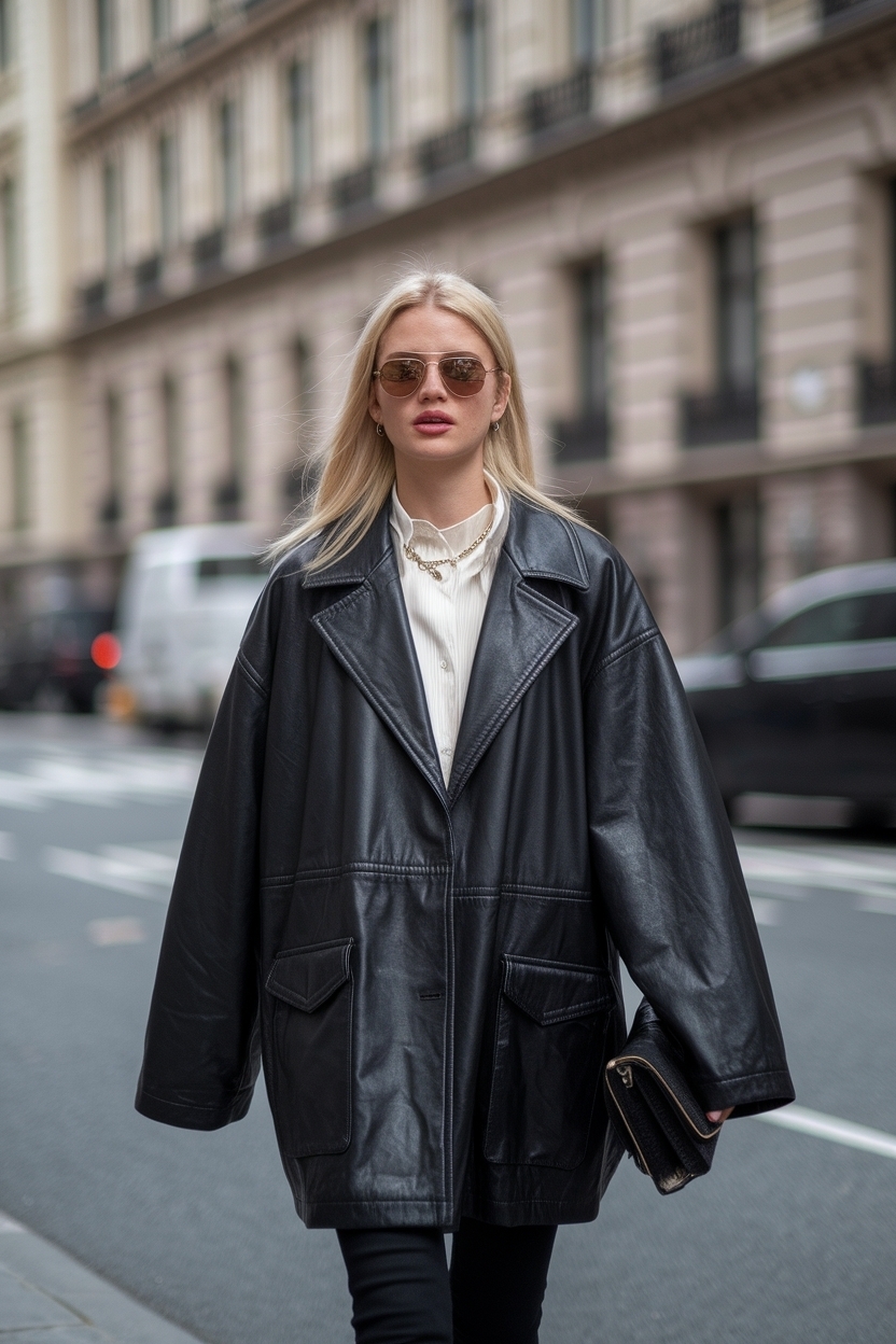 Trendy Oversized Leather Jacket Outfit for Women This Season outfit idea