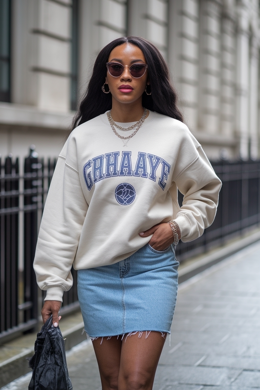 Sweatshirt and Denim Skirt Outfit Black: Trendy Combinations outfit idea